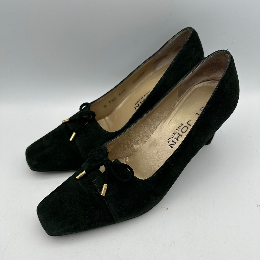 St John Green Suede Square Toe Pumps Size 7.5 B‎ Gold Bow Detail Made in Italy